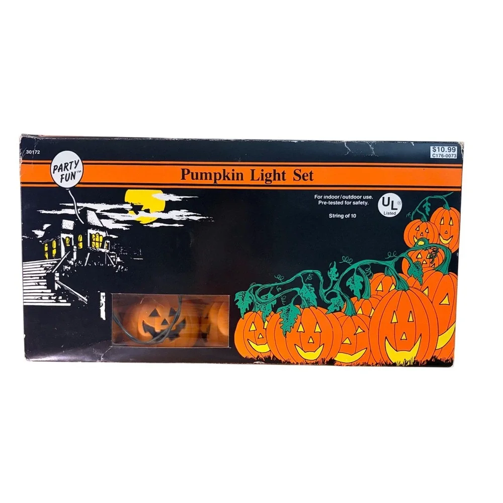 Vintage 1991 Party Fun Pumpkin Light Set Halloween String 10 Retro Blow Mold